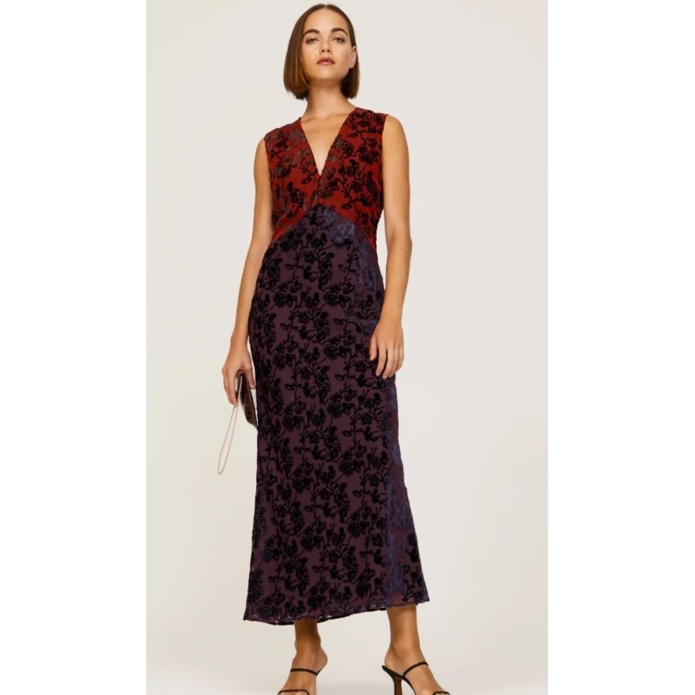 Marina Moscone Floral Burnout Velvet Midi Dress Red‎ Purple Size 8 *READ FLAW*